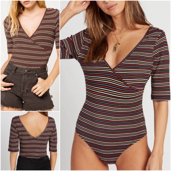VOLCOM Strype Hype Bodysuit woman's size medium multi color striped deep v neck - Picture 1 of 14